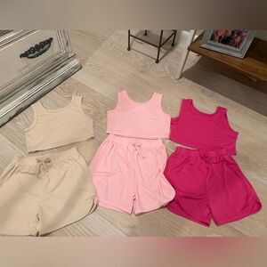 SHEIN Girls 3-Piece Matching Tank & Short Sets in Beige, Light Pink & Hot Pink